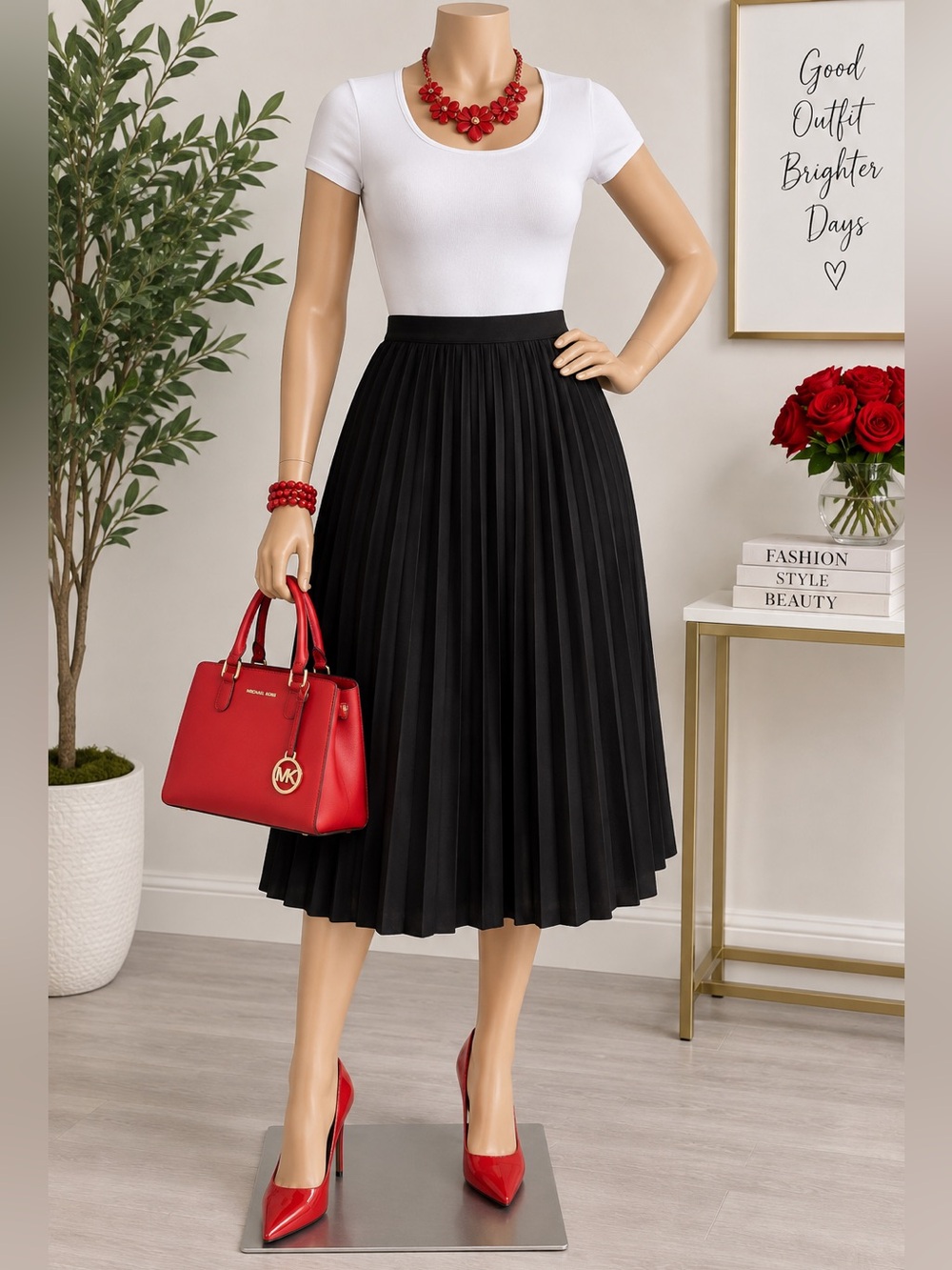 J.L. Women’s Black Pleated Midi Skirt XS Elastic Waist A-Line